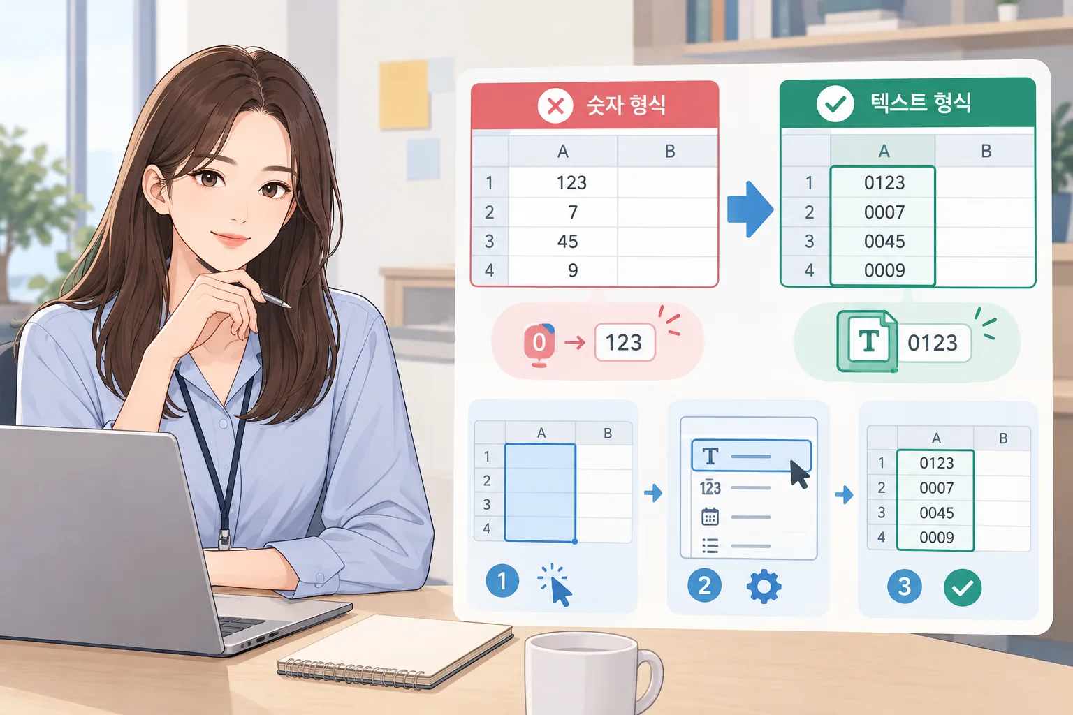 입력 전 텍스트 형식을 적용해 상품코드의 앞자리 0을 보존하는 과정