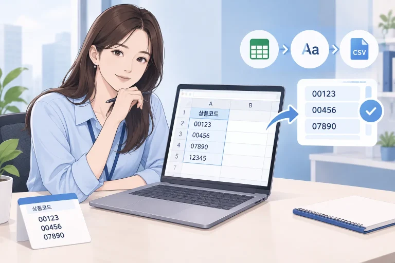 엑셀 앞자리 0 유지하는 방법을 보여주는 코드 열과 텍스트 서식 일러스트