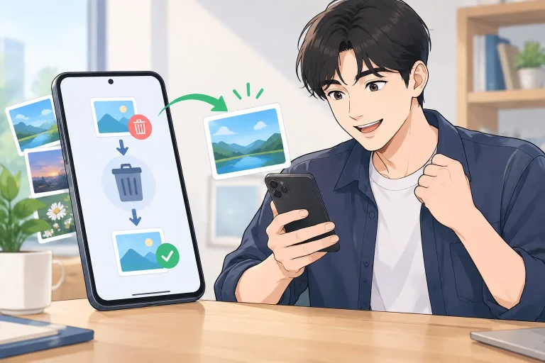 갤럭시 삭제한 사진 복구하는 방법을 보여주는 스마트폰 휴지통 복원 일러스트