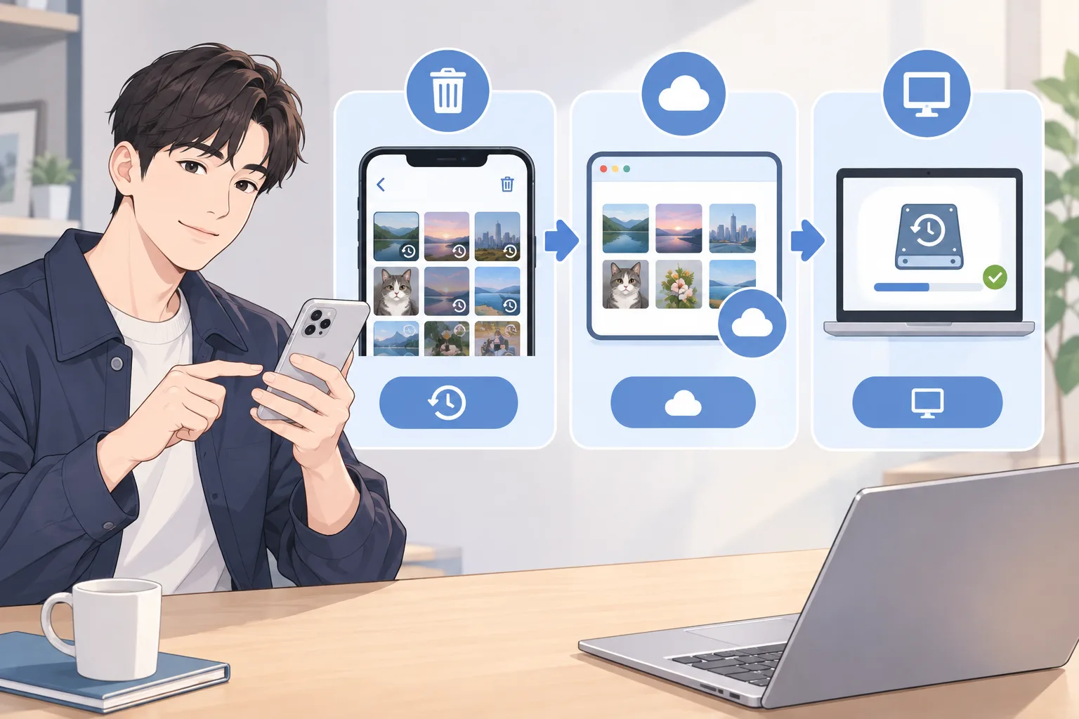 최근 삭제된 항목과 iCloud, 백업 복원의 순서를 설명하는 스마트폰 일러스트 최근 삭제된 항목과 iCloud, 백업 복원의 순서를 설명하는 스마트폰 일러스트
