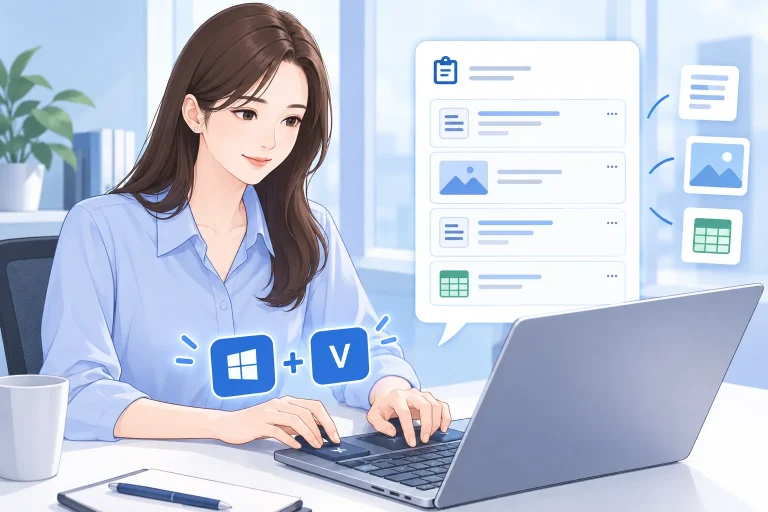 Windows 키와 V 키로 윈도우 클립보드 기록 보는 방법을 보여주는 일러스트