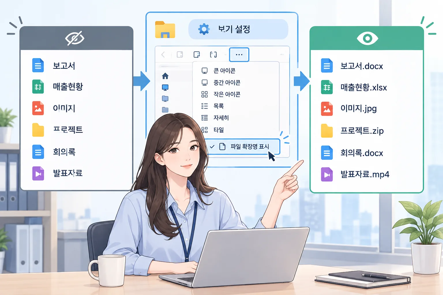 숨겨진 파일 확장자가 표시되도록 파일 탐색기 설정을 바꾸는 과정