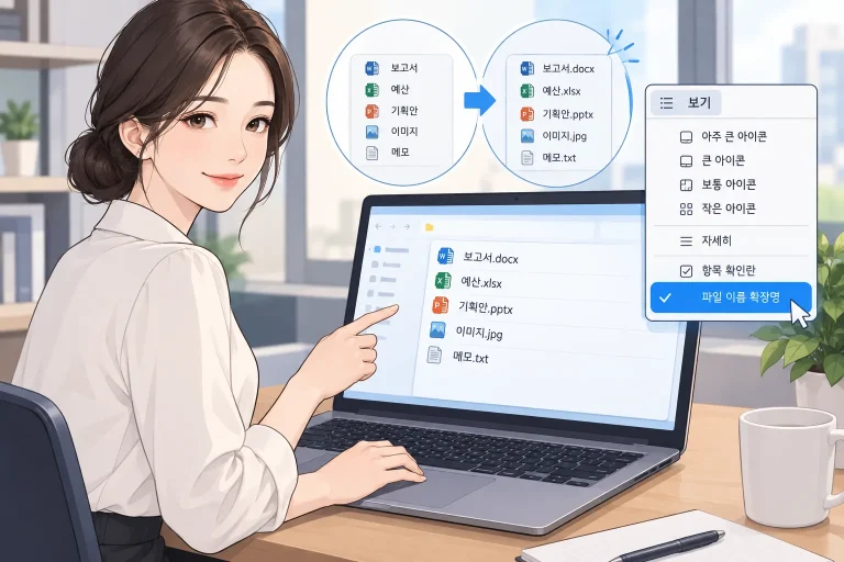 파일 탐색기에서 윈도우 파일 확장자 표시하는 방법을 설정하는 화면