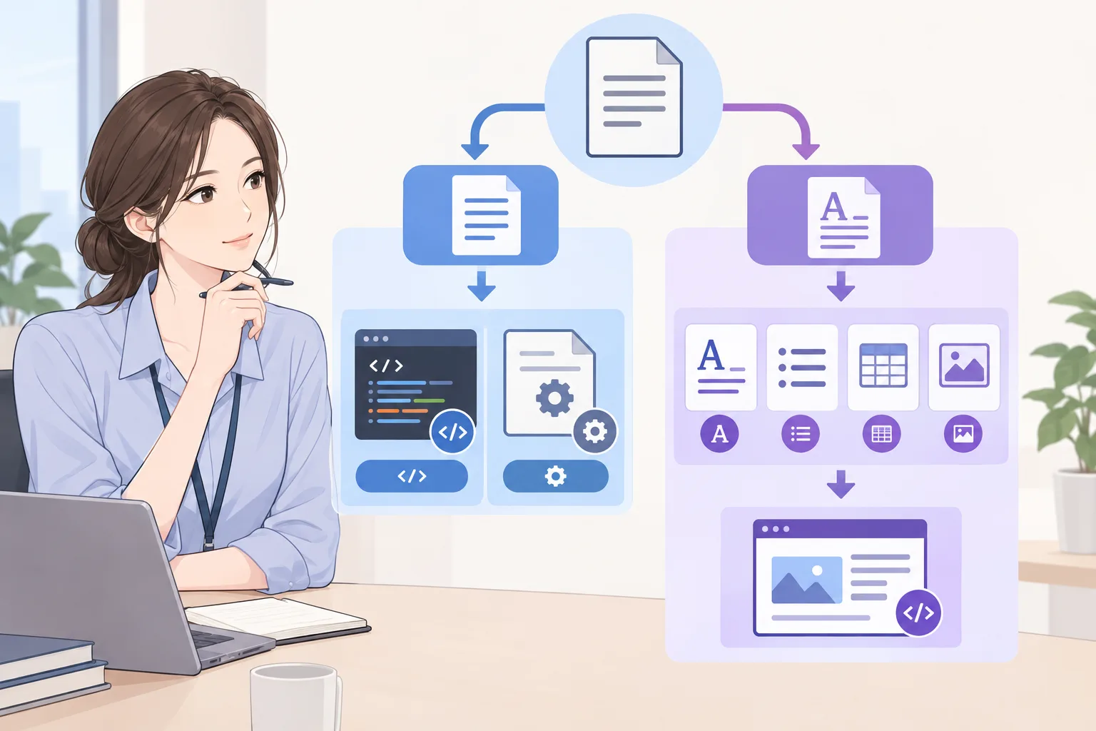 일반 텍스트는 코드와 설정 파일로, 서식 문서는 HTML과 문서 편집으로 이어지는 선택 흐름 일반 텍스트는 코드와 설정 파일로, 서식 문서는 HTML과 문서 편집으로 이어지는 선택 흐름