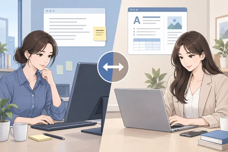 윈도우 맥 메모장 비교를 보여주는 일반 텍스트 편집과 서식 문서 작성 장면