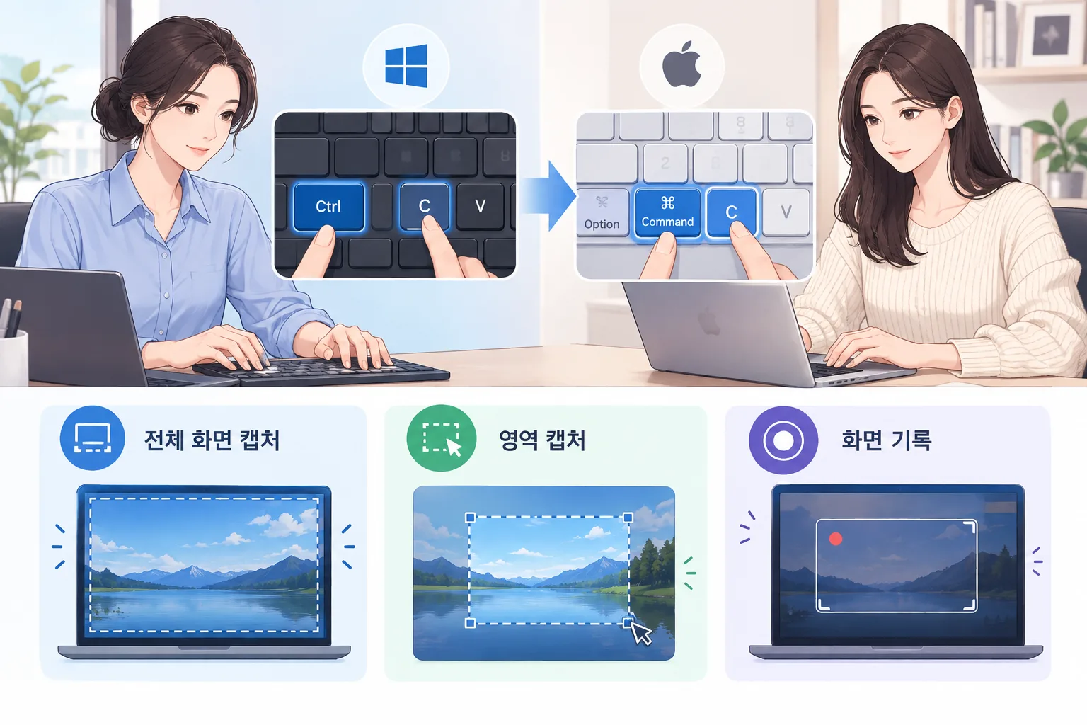 Windows의 Ctrl 조합을 Mac의 Command 조합과 화면 캡처 방식으로 바꾸는 과정을 설명하는 일러스트