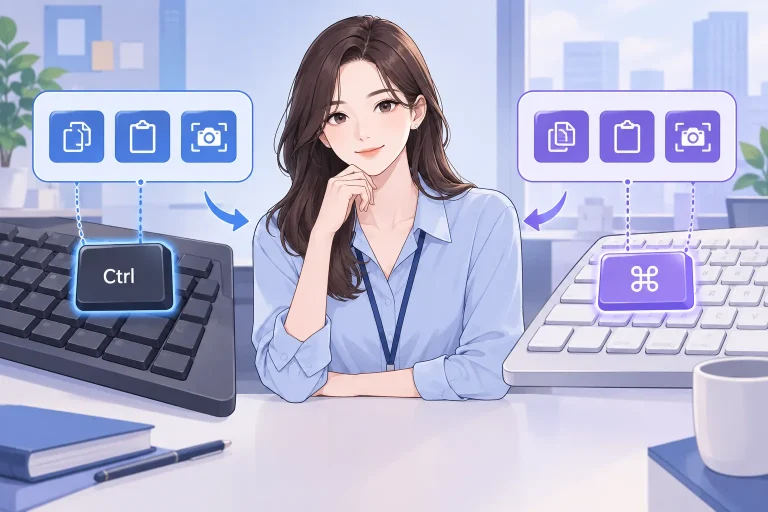 윈도우 맥 단축키 비교를 보여주는 Ctrl 키와 Command 키 키보드 일러스트