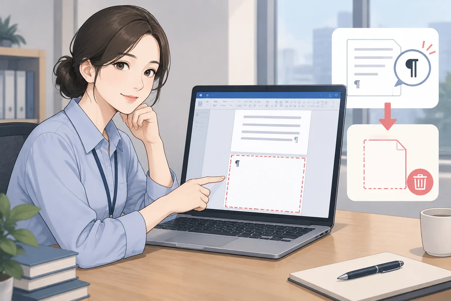 워드 빈 페이지 삭제하는 방법을 보여주는 문서 편집 화면과 빈 페이지