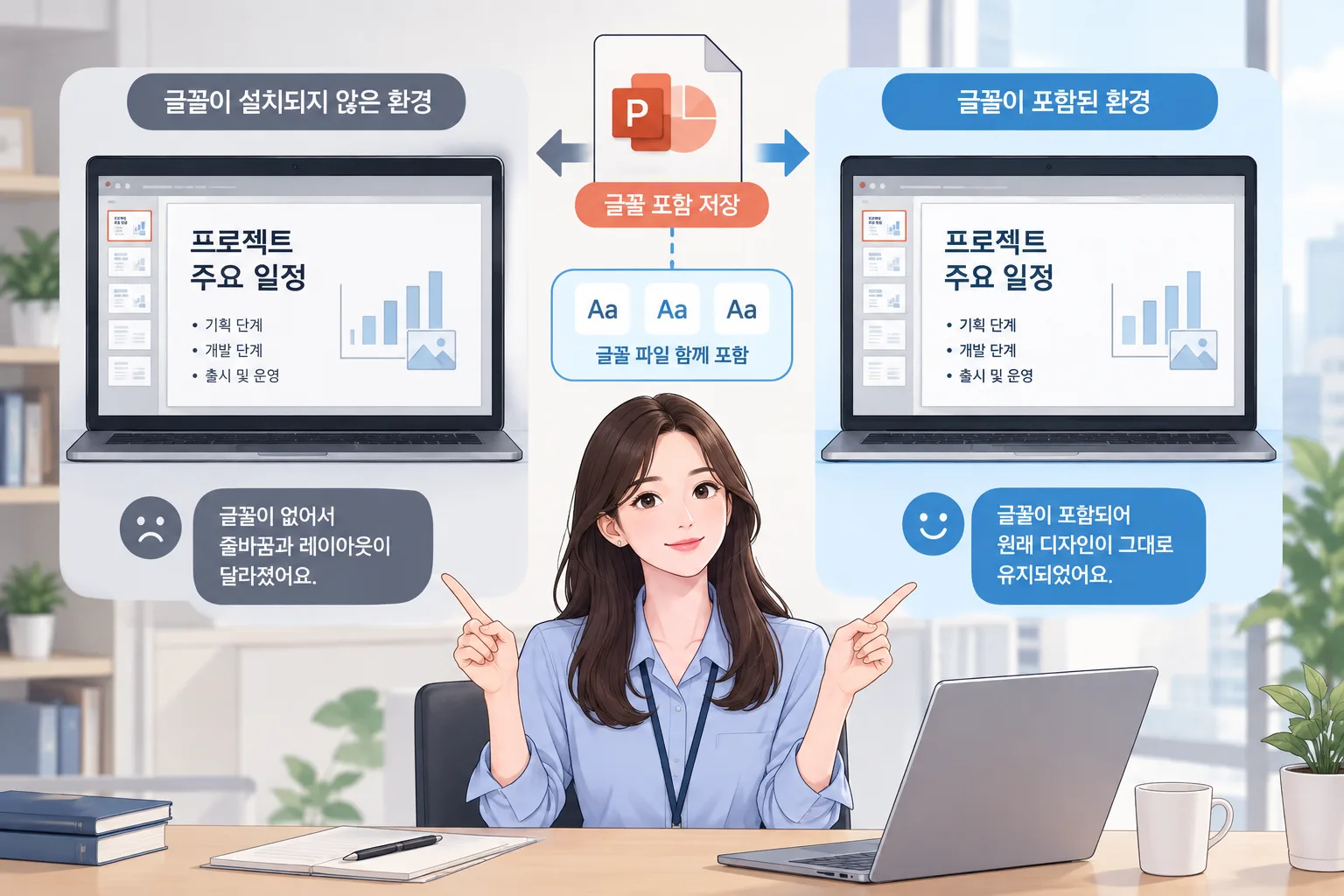글꼴 포함 전후로 파워포인트 슬라이드의 레이아웃이 달라지는 과정을 비교한 일러스트