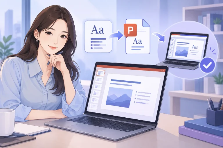 파워포인트 글꼴 포함 저장하는 방법을 보여주는 프레젠테이션 파일과 글꼴 아이콘